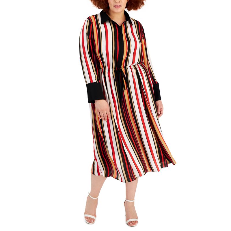 Anne Klein Plus Size Striped Drawstring Shirtdress